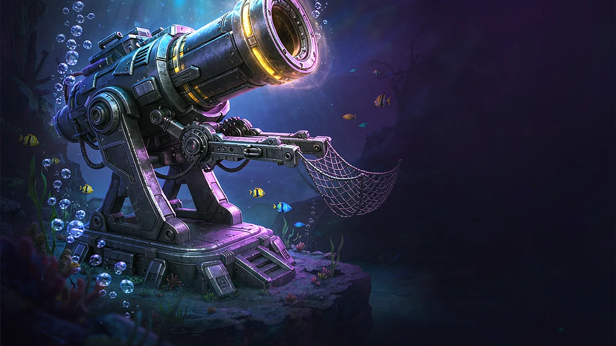 Illustrated underwater cannon facing a school of fish